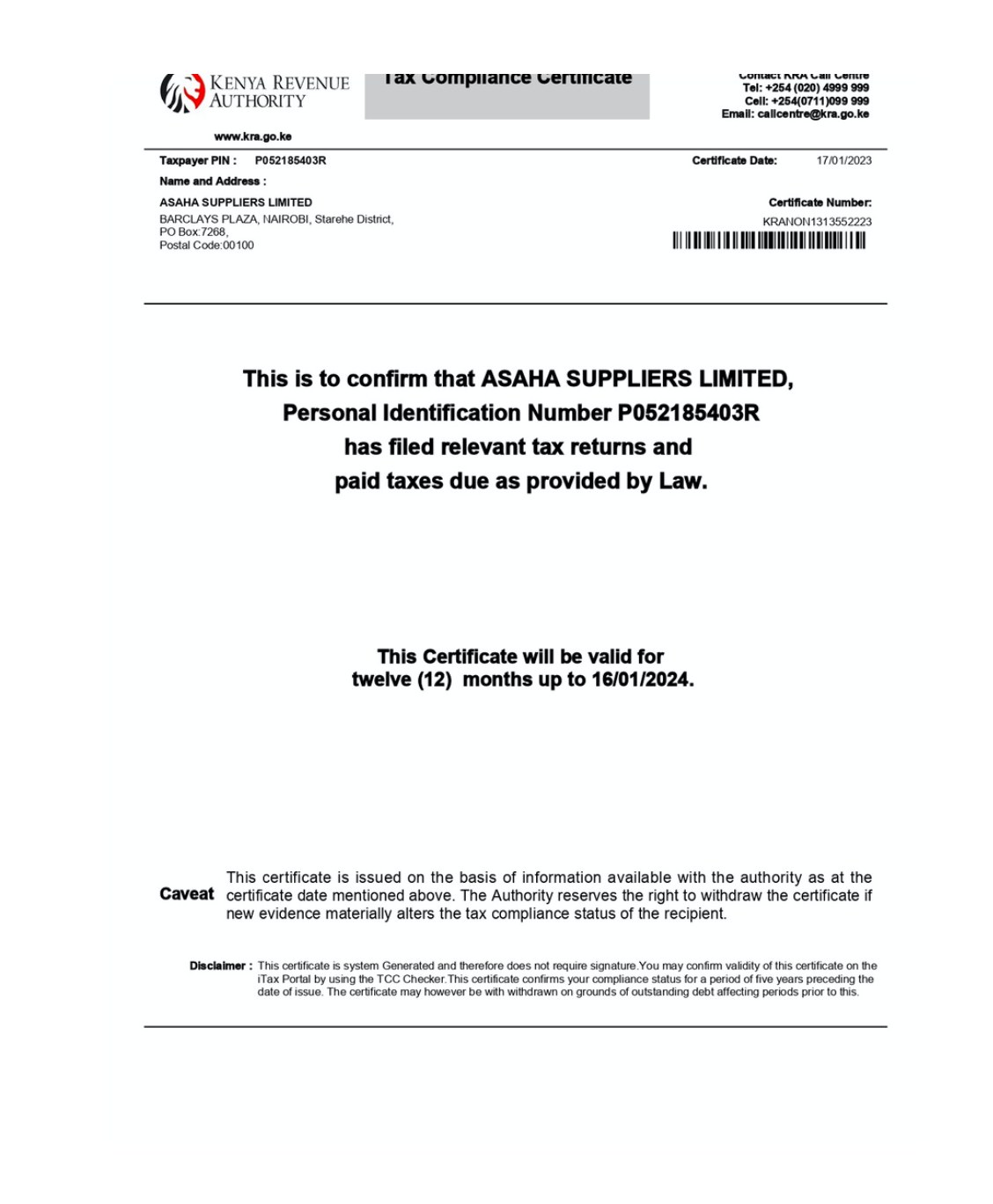 Tax Compliance Certificate