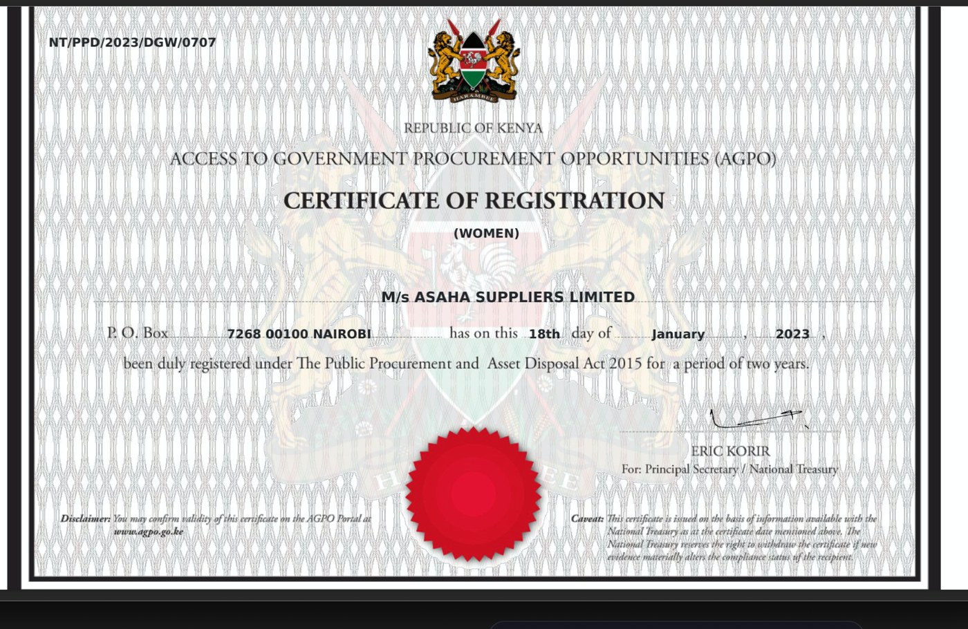 Certificate of Registration (Women)